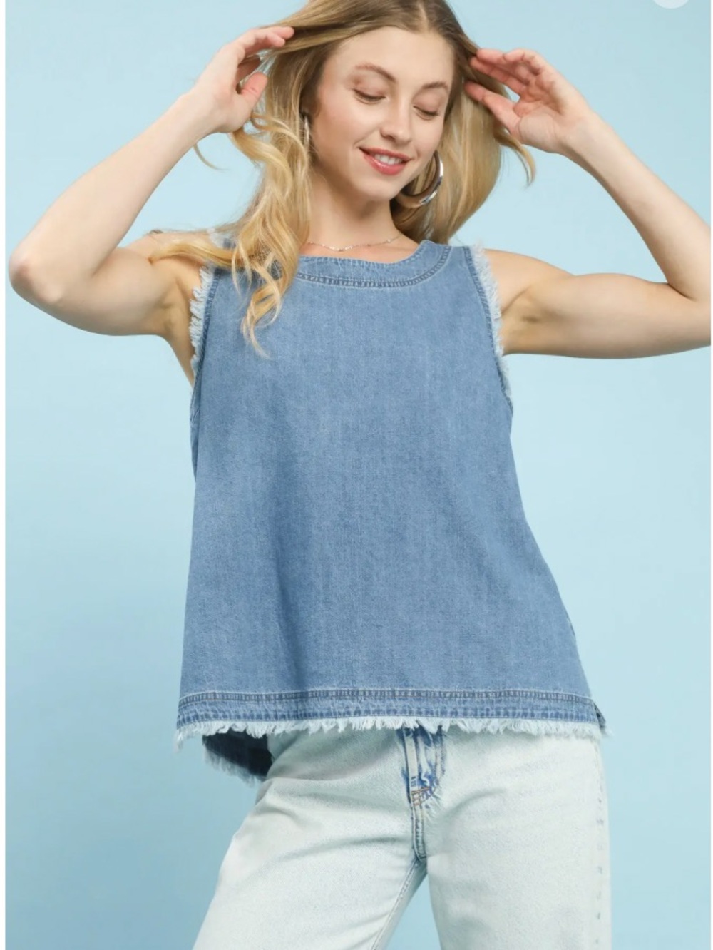 Umgee βDenimβ Cotton Fringe Sleeveless Tank Top